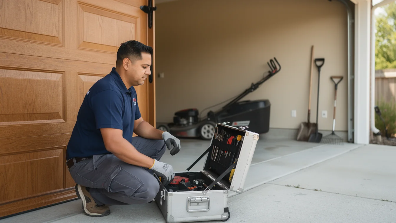 A technician kneels by a toolbox in front of a garage door.