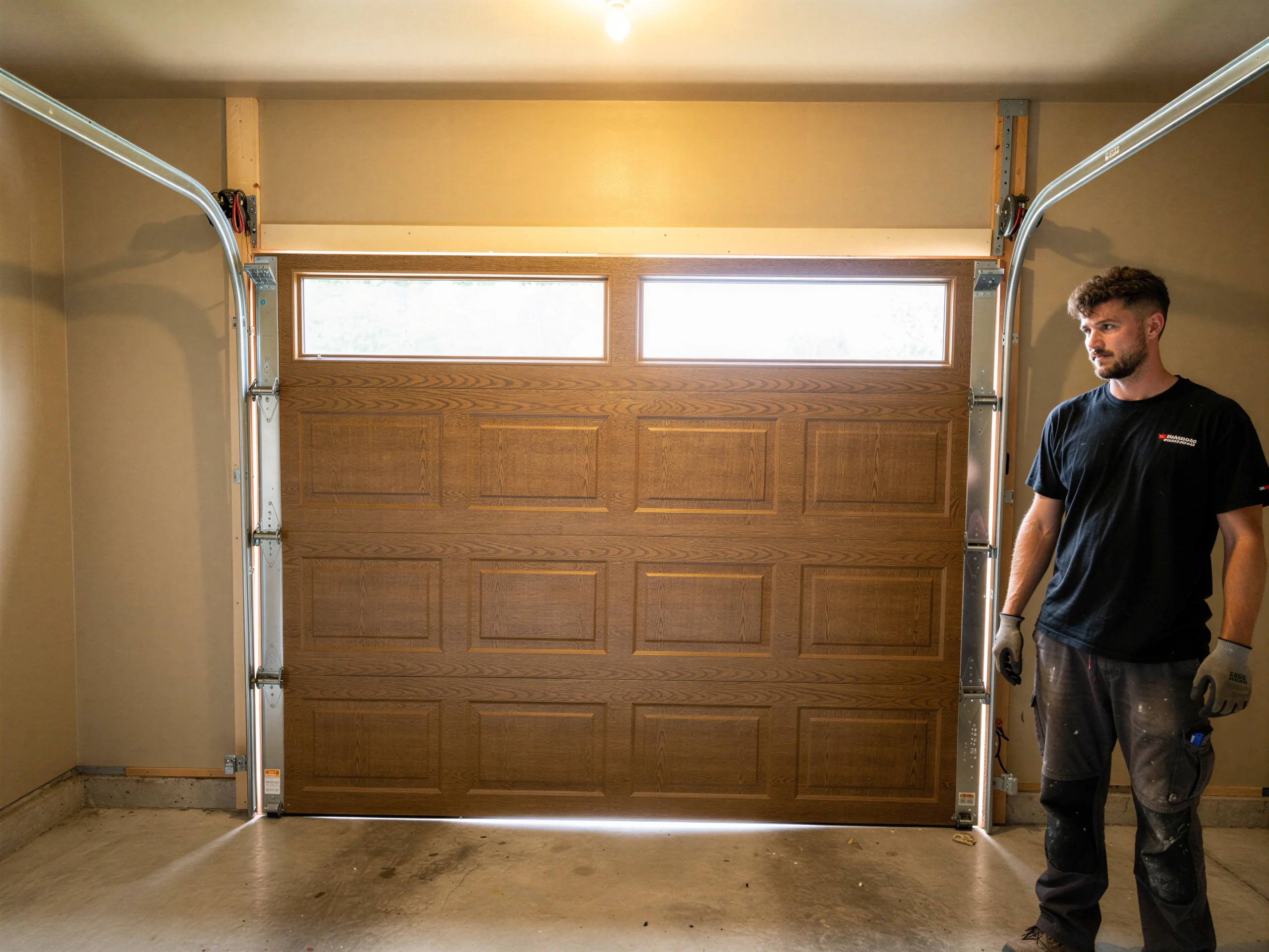 A technician stands next to a brown garage door with windows.