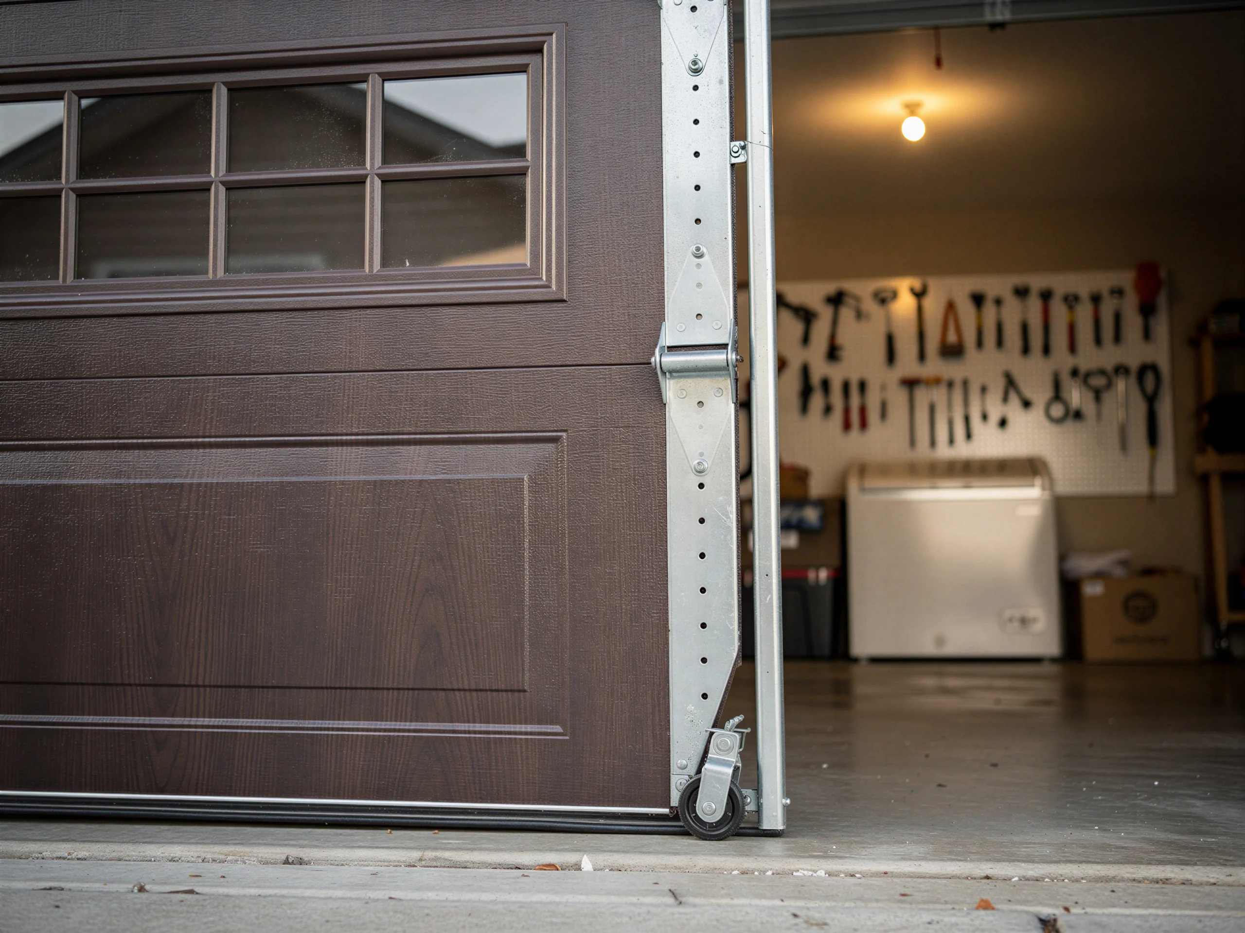 A brown garage door with windows is slightly open, showing the garage interior.