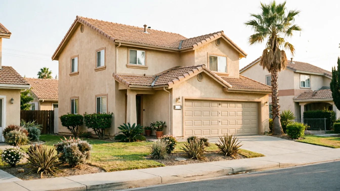 The house has a two-car garage door and a palm tree in the front yard.