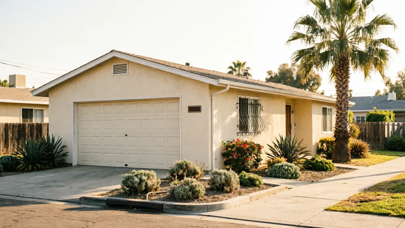 The house has a beige garage door and a palm tree in the front yard.